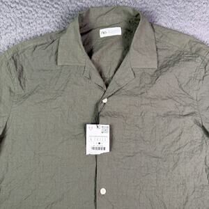 Zara Shirt Mens Large Green Hawaiian Camp Collar Short Sleeve Cotton Stretch